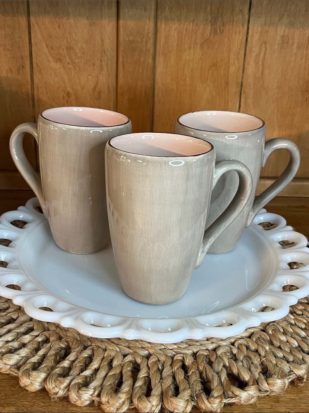 Discontinued Set of 3 Pottery Barn Oversized Mugs- Morning Story- Taupe and Pink